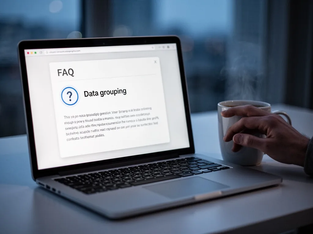 A laptop screen displaying a FAQ window about data grouping, a question mark icon next to the text, a hand resting on a