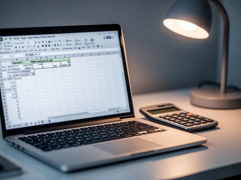 Close-up of an Excel spreadsheet on a laptop screen, cell with formula bar visible, a calculator resting beside the keyb