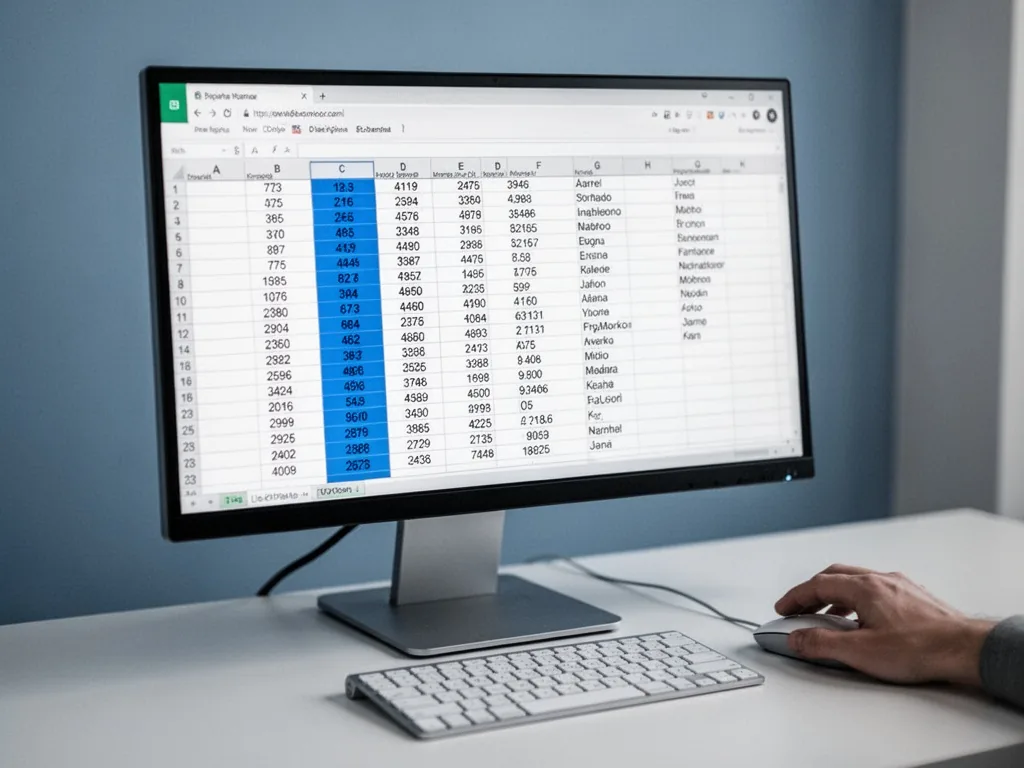 A spreadsheet on a monitor with one column of numbers highlighted in blue, adjacent columns showing mismatched names, a 
