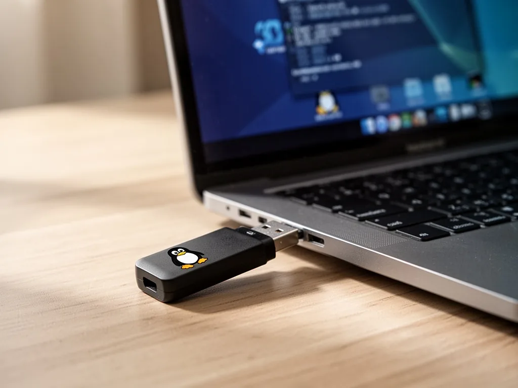 A black USB flash drive with a small penguin logo, plugged into a laptop's side, a blurred monitor showing a Linux live