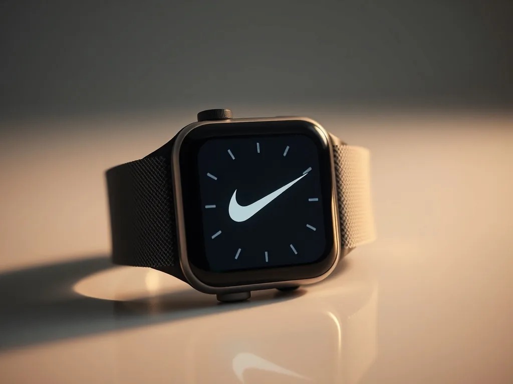 Apple Watch Nike mit dem exklusiven Zifferblatt und perforiertem Sportarmband, im Sonnenlicht auf einem Laufweg.