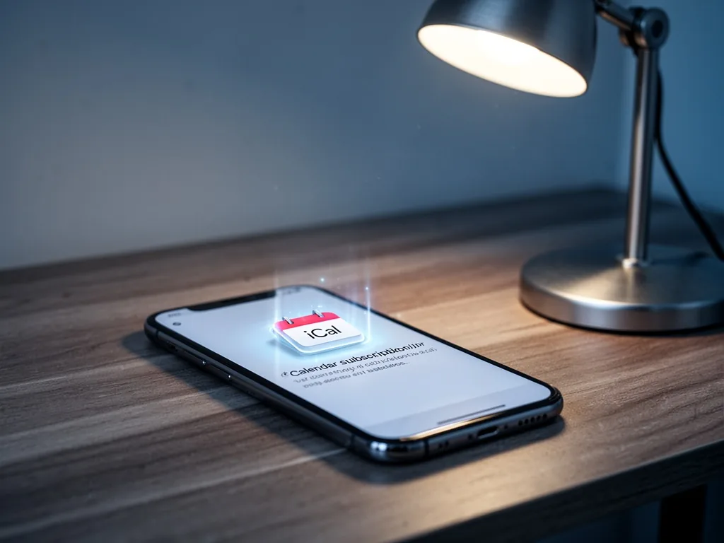 A smartphone screen displaying a calendar subscription link and glowing iCal icon, resting on a wooden desk under a warm