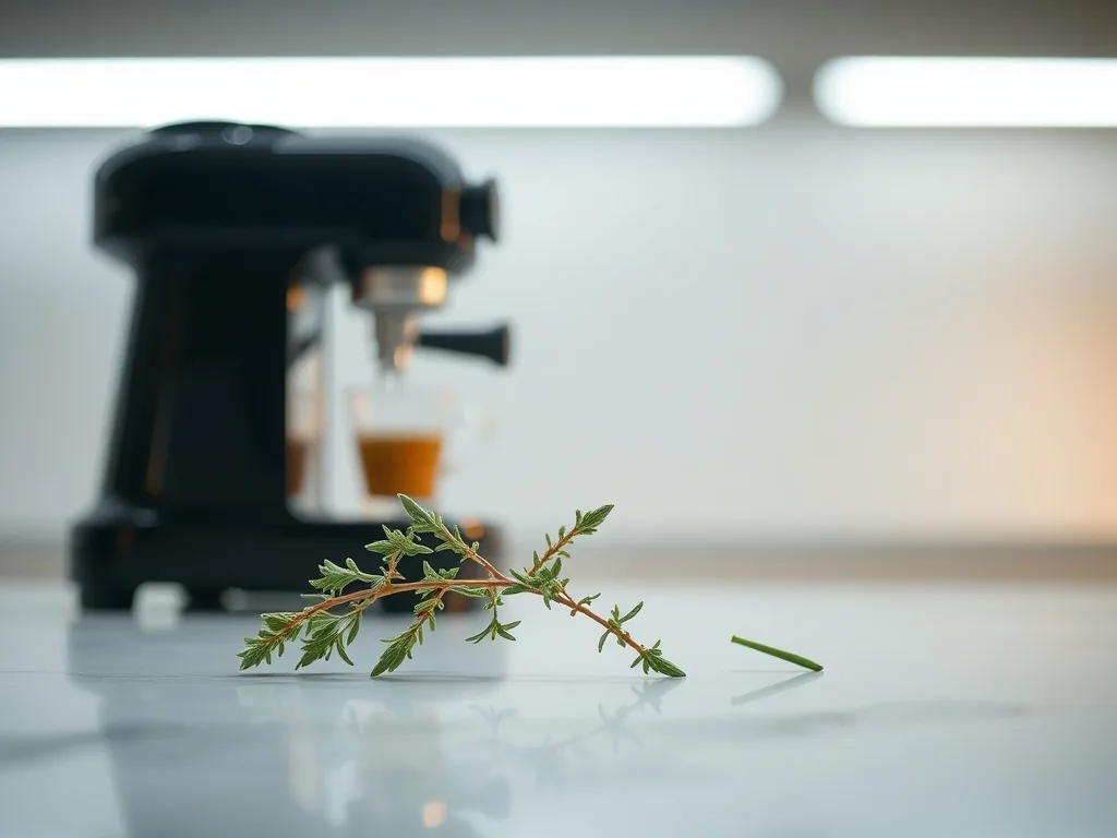 Sage Barista Express mit Dampflanze, Siebträger und Tamper auf einer Küchenarbeitsplatte, eine Tasse Espresso daneben