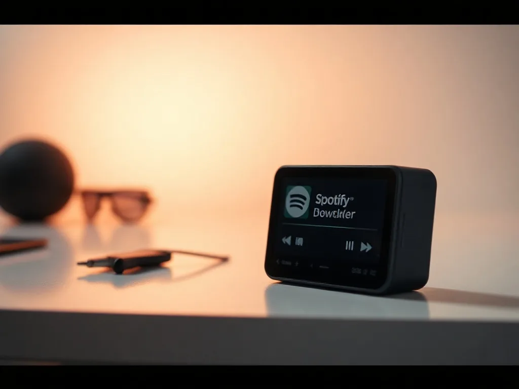 Spotify-App auf einem Smartphone-Bildschirm, daneben ein USB-Kabel und ein Kopfhörer, auf einem Holztisch.