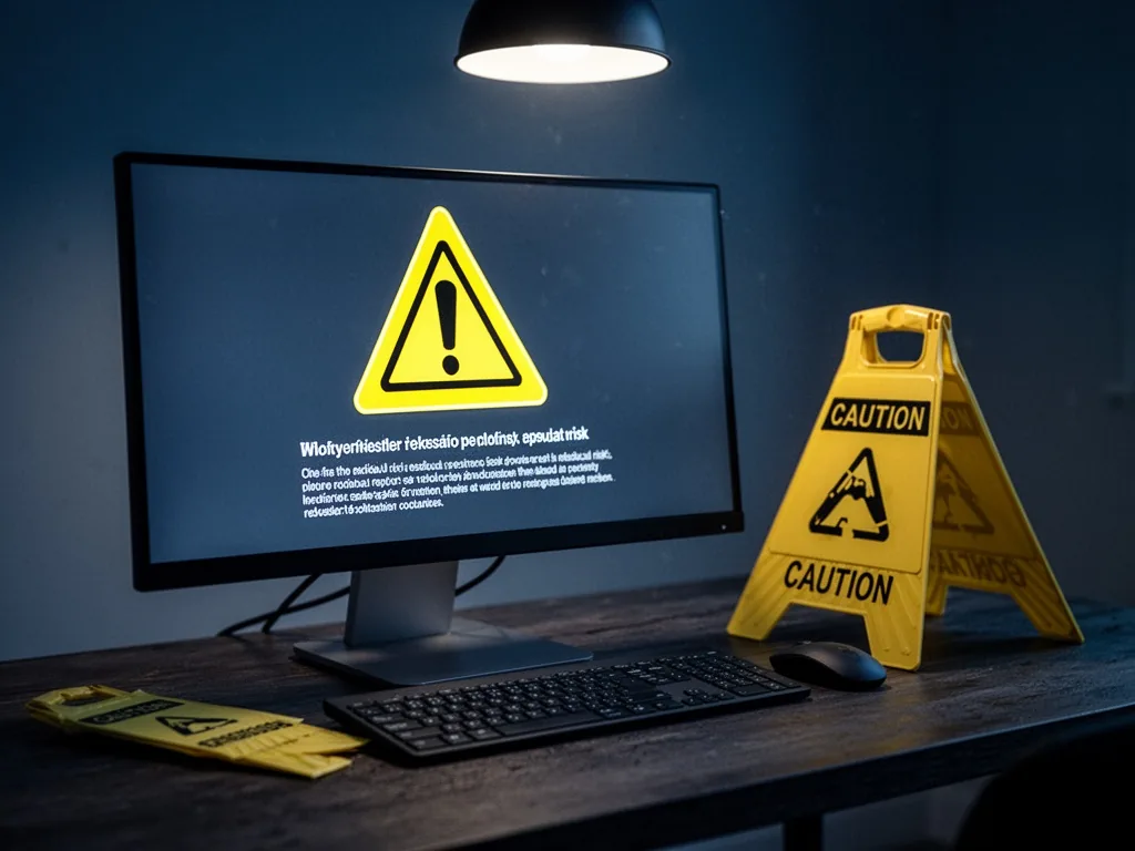 A yellow warning triangle icon on a computer monitor with fine print about residual risk, a folded caution sign next to