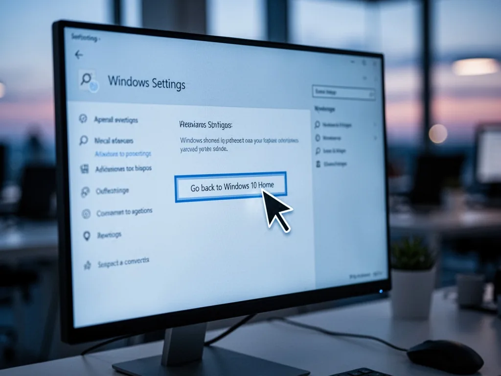 A close-up of a computer monitor showing Windows settings page with a 'Go back to Windows 10 Home' button highlighted, a