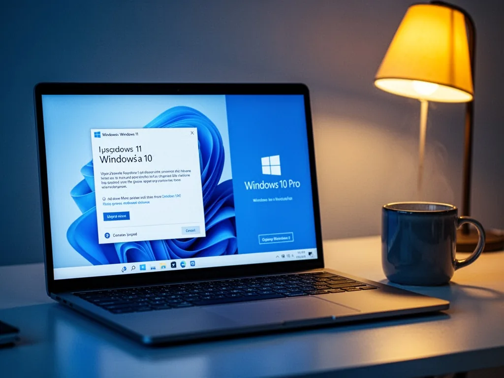 A laptop screen split showing a Windows 11 upgrade wizard on the left and a Windows 10 Pro option on the right, a coffee