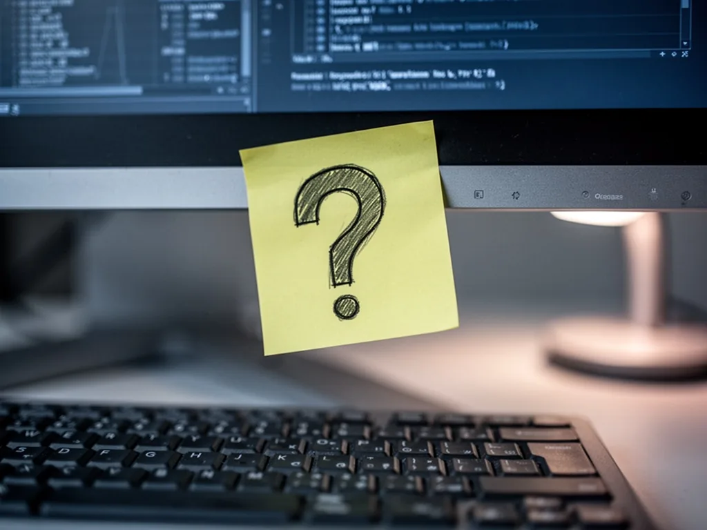 A yellow sticky note with a hand-drawn question mark stuck to a monitor bezel, blurred keyboard in soft overhead light, 